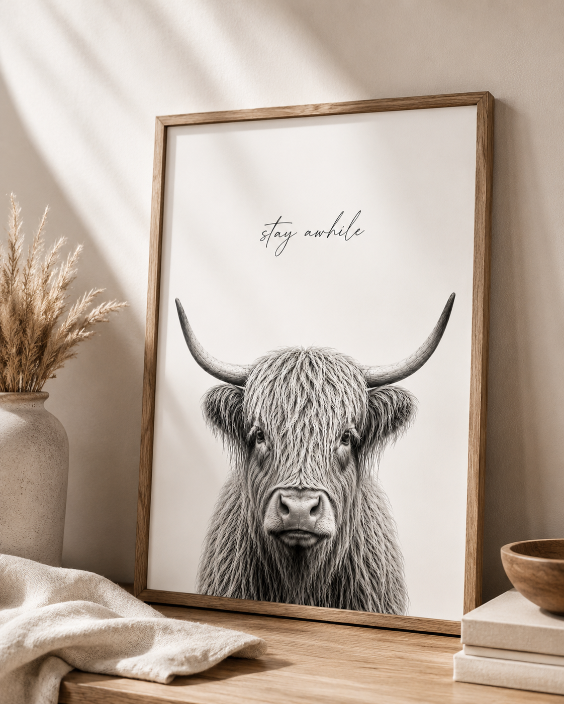 Highland Cow Neutral Printable Wall Art Set | Minimalist Living Room Prints | Set of 3 Digital Downloads