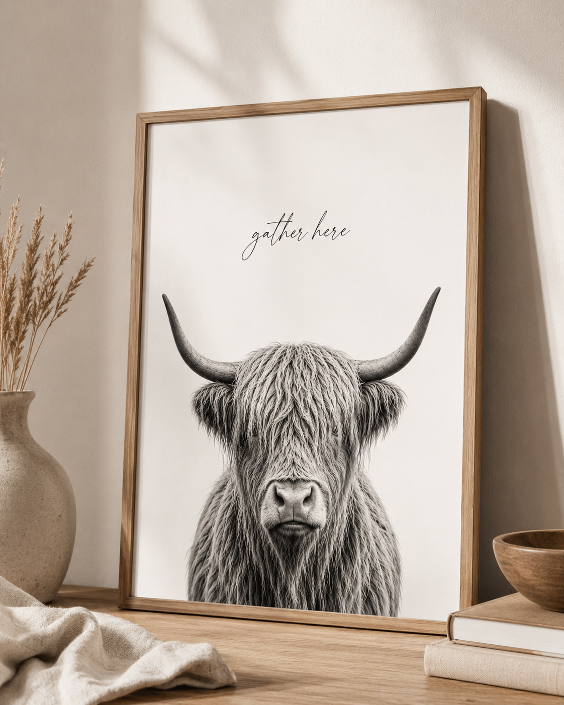 Highland Cow Neutral Printable Wall Art Set | Minimalist Living Room Prints | Set of 3 Digital Downloads