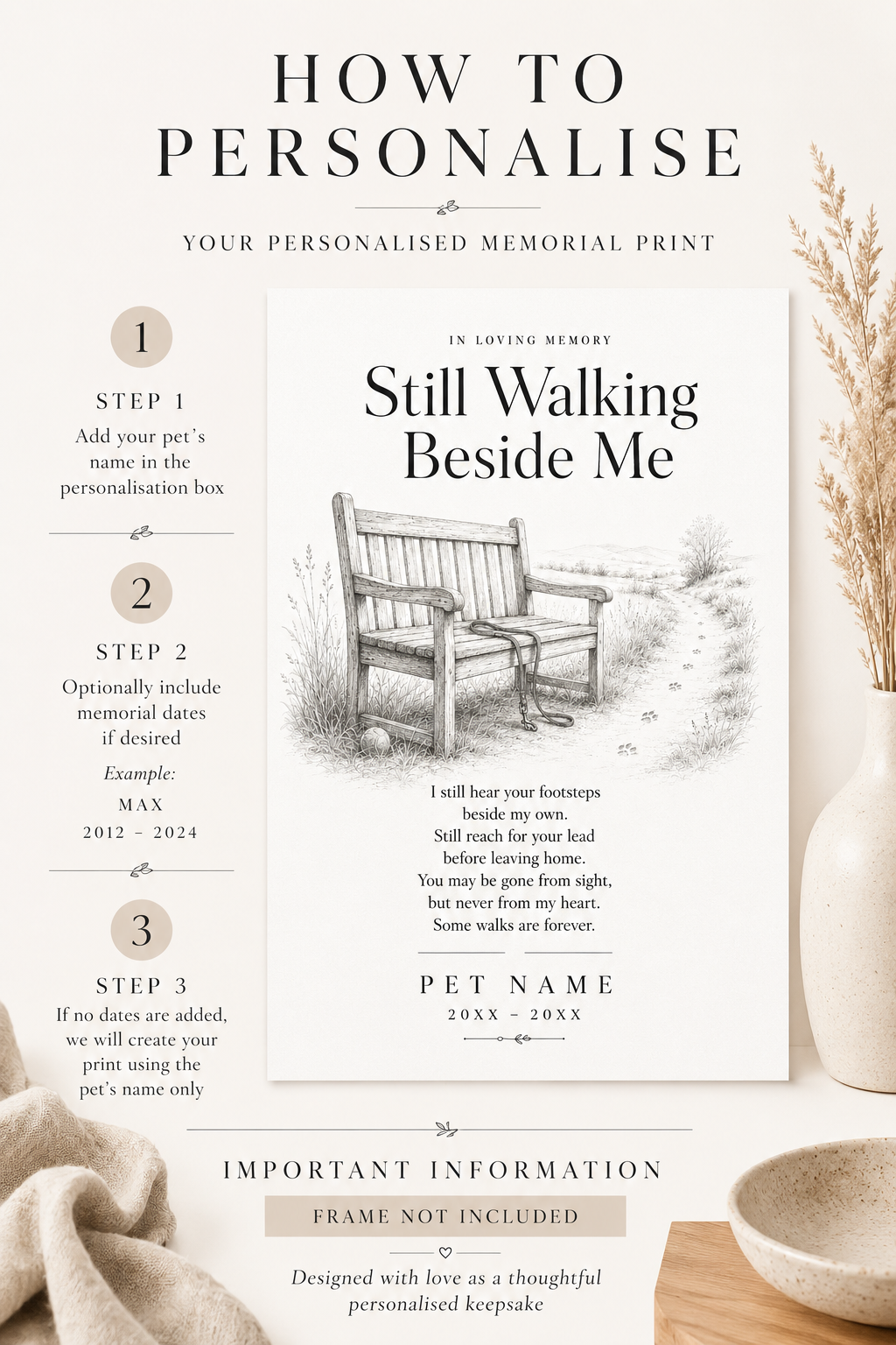 Personalised Pet Memorial Print – Still Walking Beside Me – Custom Dog Loss Gift – Pet Sympathy Keepsake – A4 Memorial Wall Art