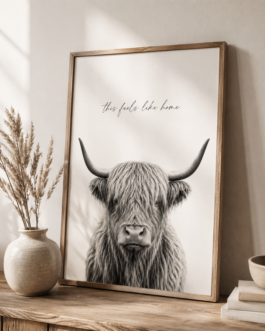 Highland Cow Neutral Printable Wall Art Set | Minimalist Living Room Prints | Set of 3 Digital Downloads