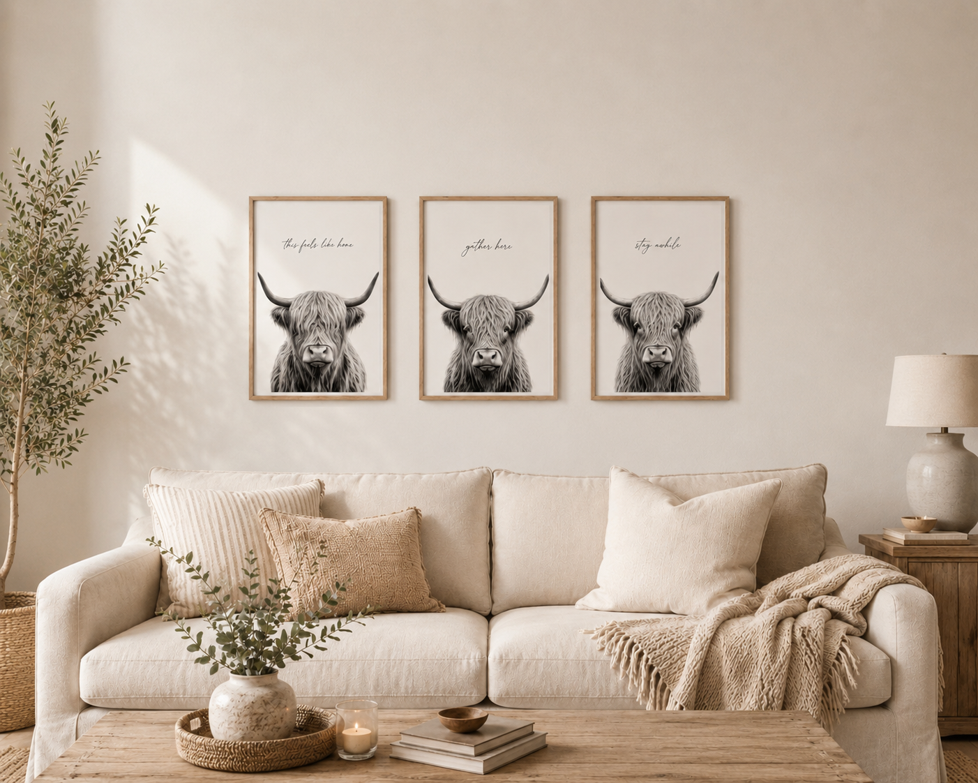 Highland Cow Neutral Printable Wall Art Set | Minimalist Living Room Prints | Set of 3 Digital Downloads